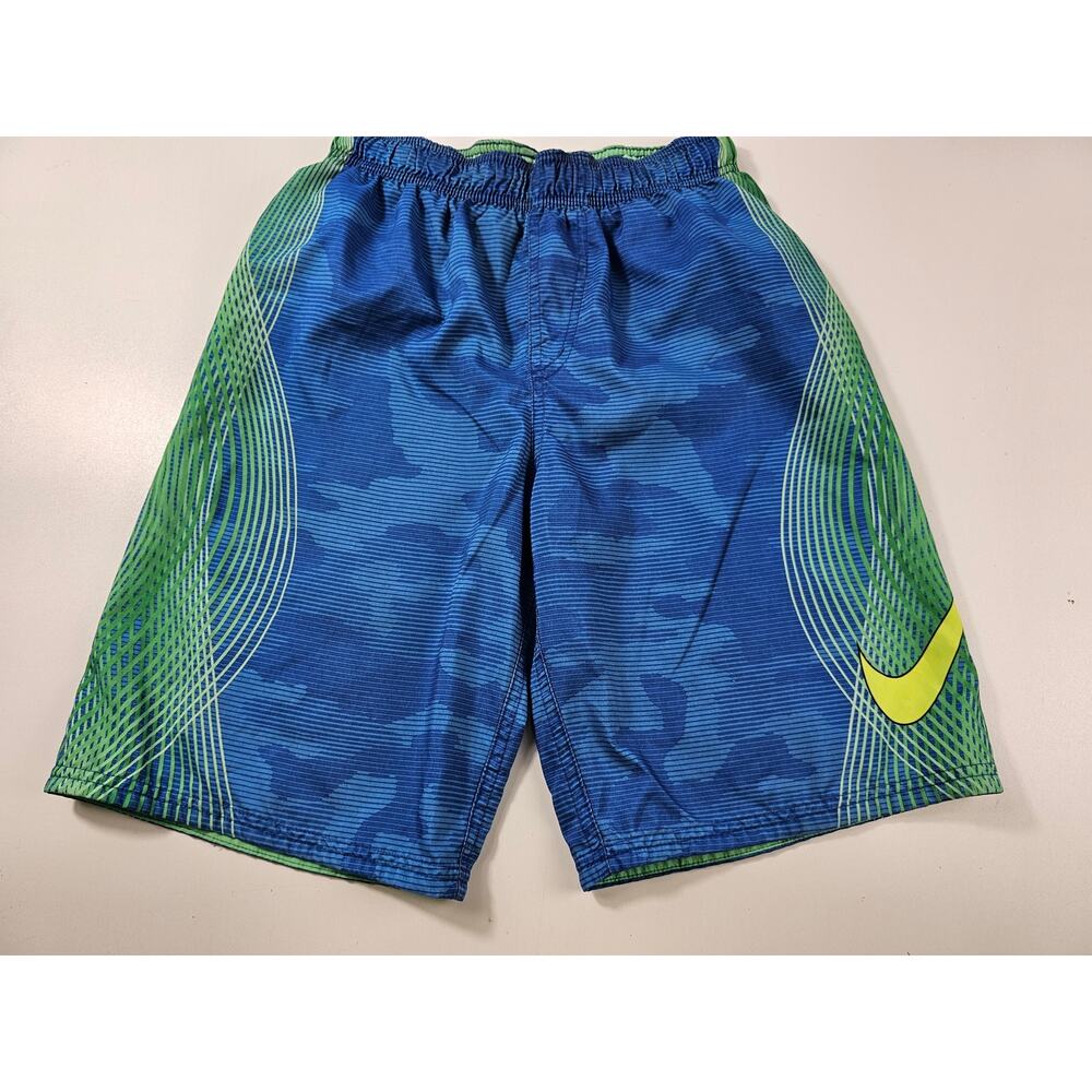 Nike Boys size Large L lined brief swim suit trunks blue green drawstring waist*